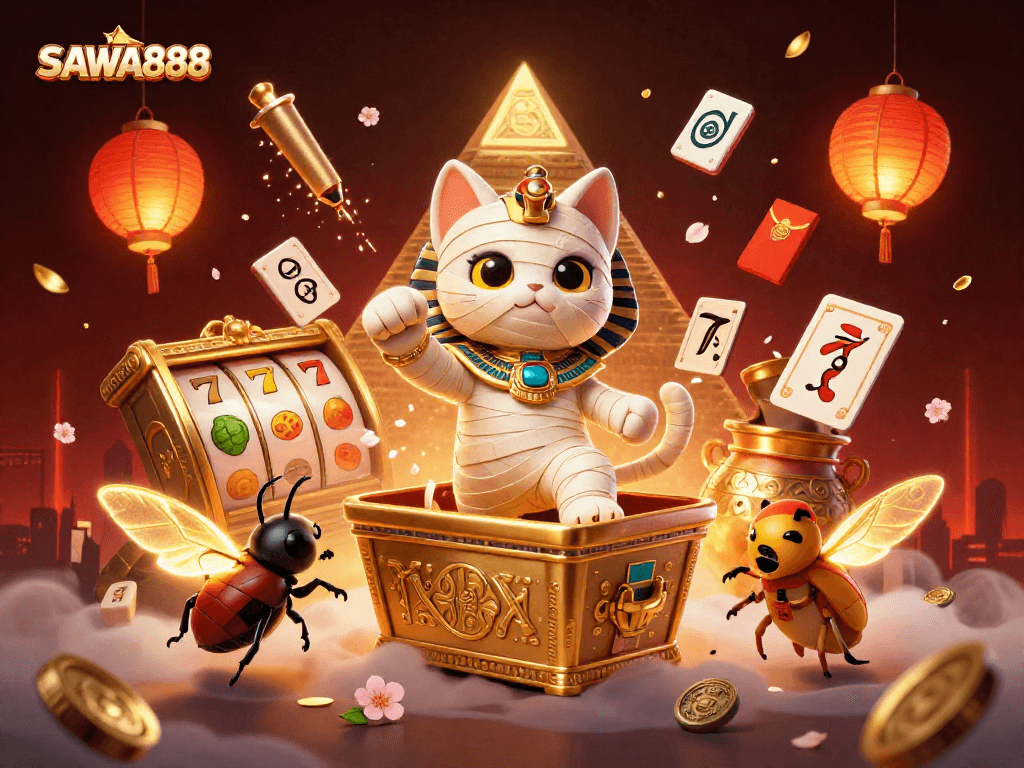 Experience the excitement of SAWA888 with a vibrant 3D illustration showcasing a mummy cat and golden sarcophagus in a pyramid casino.