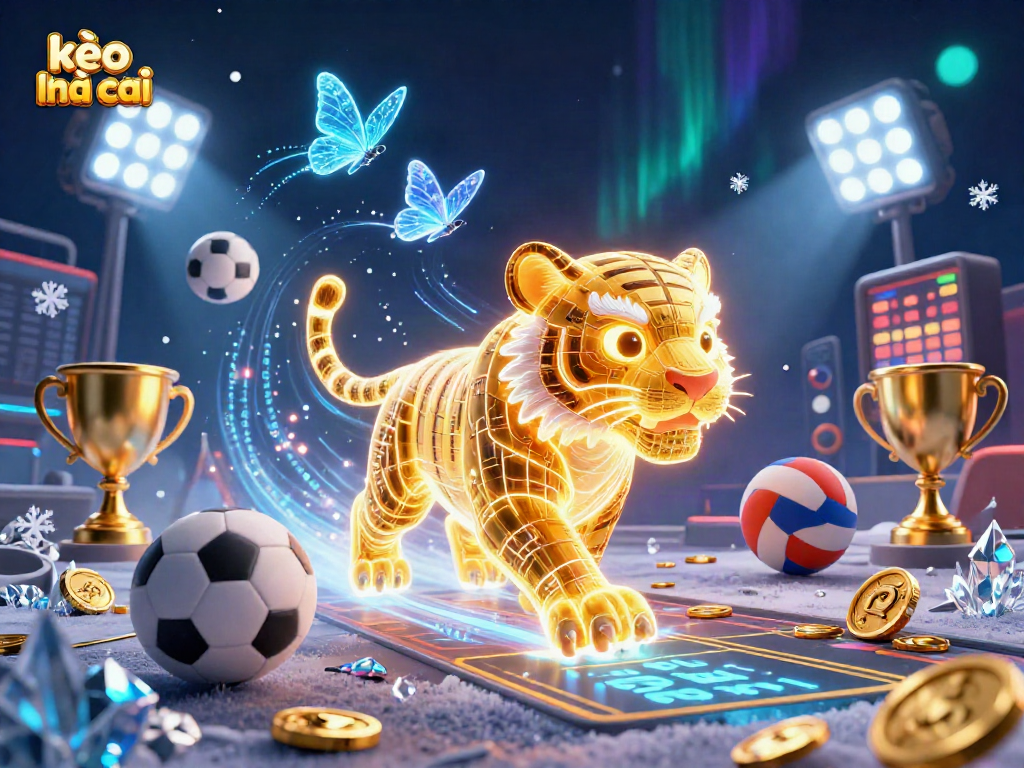 Engage with kèo nhà cái in this animated depiction of vibrant digital sports betting scene with glowing symbols.