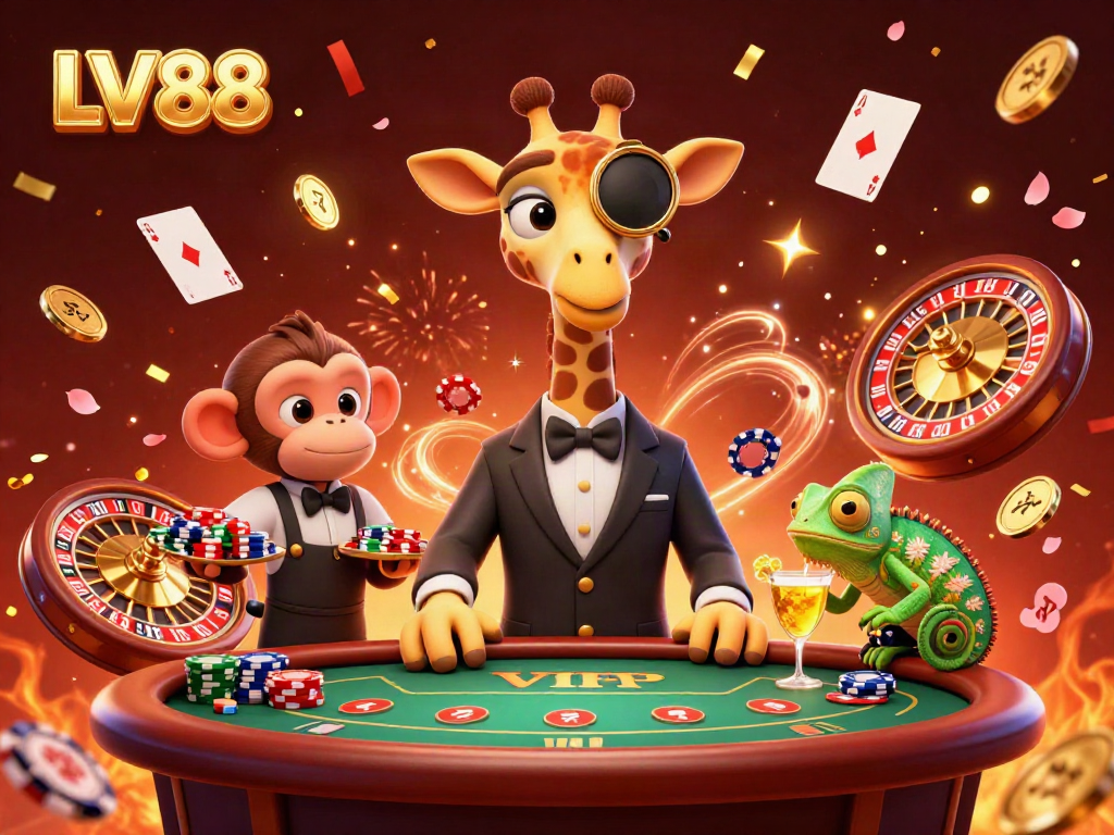 Experience thrilling gaming action at LV88 with amazing characters and festive casino elements.