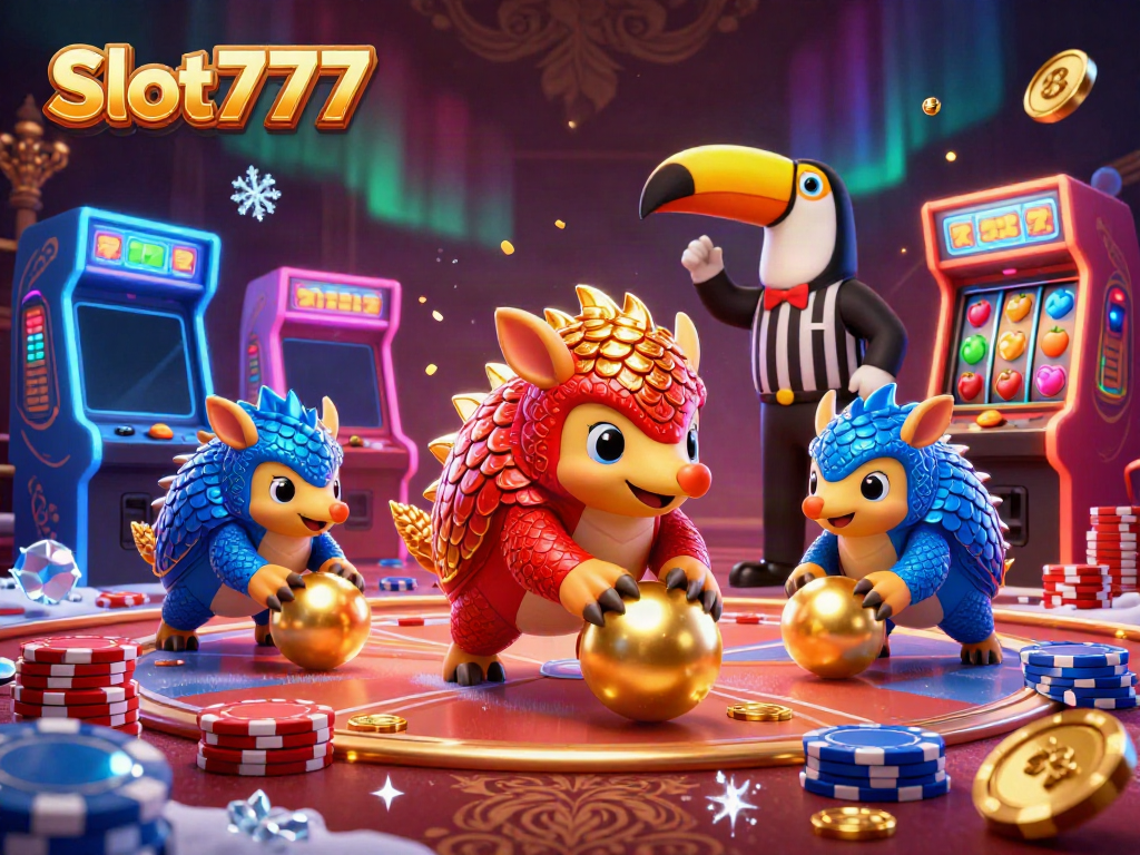Engage in thrilling Slot777 games with lively pangolins and vibrant casino visuals.