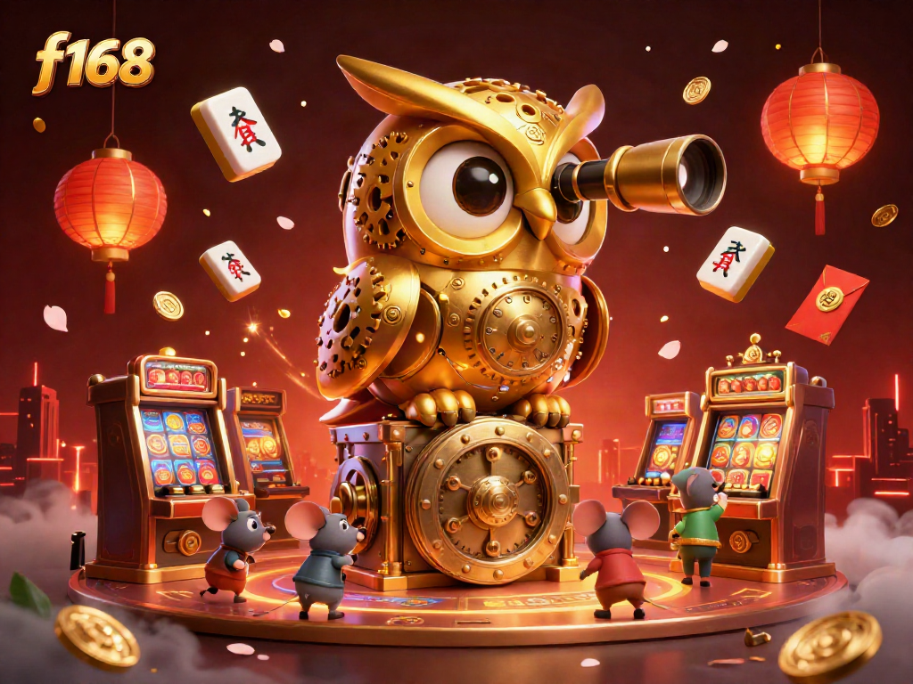 Engage with the exciting f168 casino energy in this captivating illustration of a golden owl and mouse patrons.