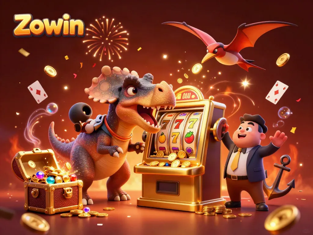 Zowin casino illustration showcasing a pachycephalosaurus winning jackpots at a slot machine with animated coins.