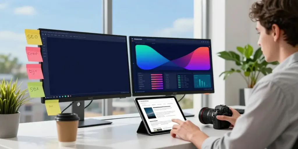 SEO specialist utilizing instant indexing strategies in a vibrant workspace.