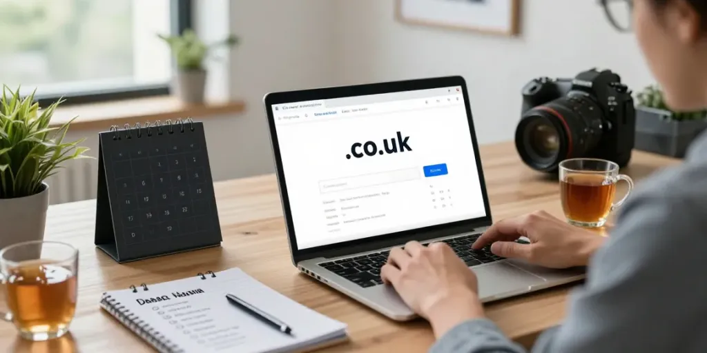 Buy .co.uk domain in a professional office setting with a business person engaged in domain registration.