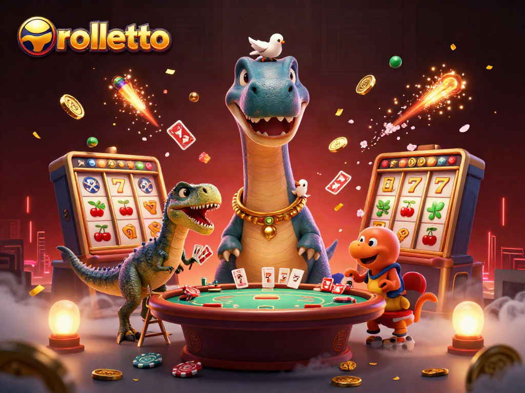 Experience rolletto with a lively casino scene featuring a giant brontosaurus and raptor dealer.