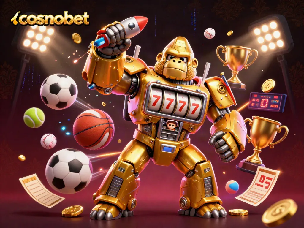 Engage with cosmobet's dynamic gaming experience featuring a golden gorilla mech amidst vibrant sports elements.