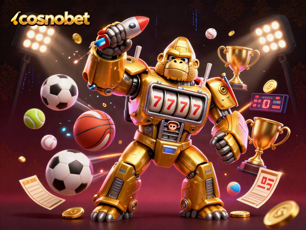 Engage with cosmobet's dynamic gaming experience featuring a golden gorilla mech amidst vibrant sports elements.