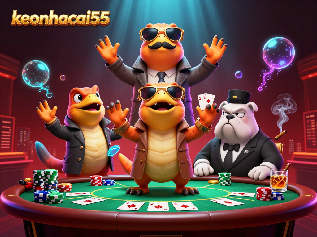 Experience keonhacai55 gameplay with raptors in a trench coat entering a VIP casino lounge