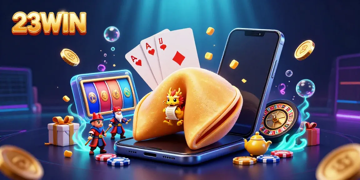 Experience excitement at 23WIN casino with a vibrant 3D fortune cookie scene.
