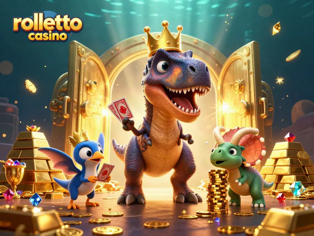 rolletto casino action with a T-Rex shuffling cards, a pterodactyl assisting, and a triceratops stacking chips