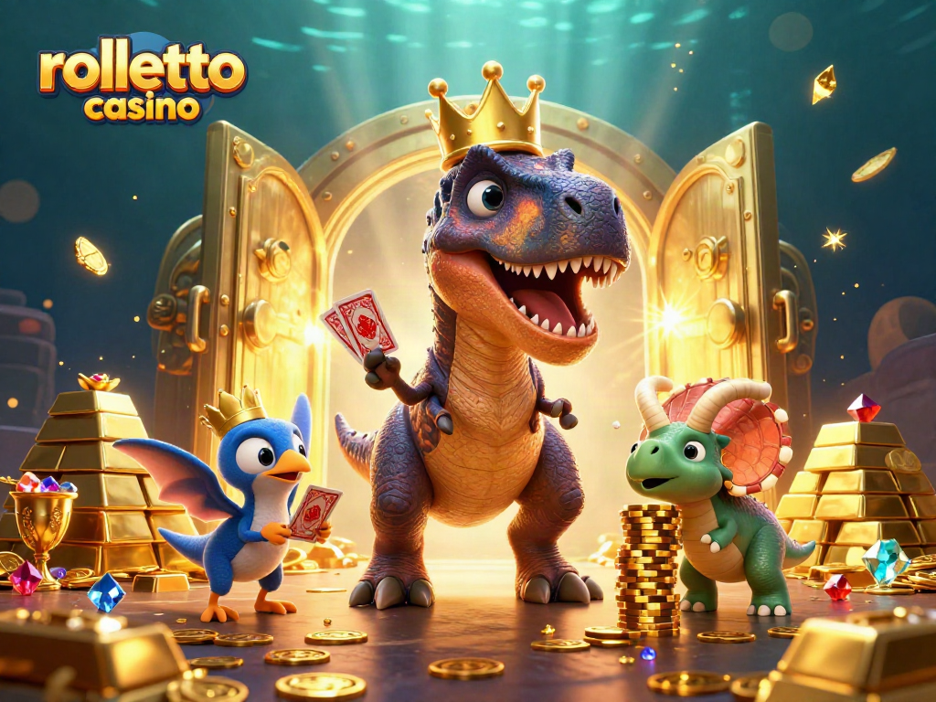 rolletto casino action with a T-Rex shuffling cards, a pterodactyl assisting, and a triceratops stacking chips
