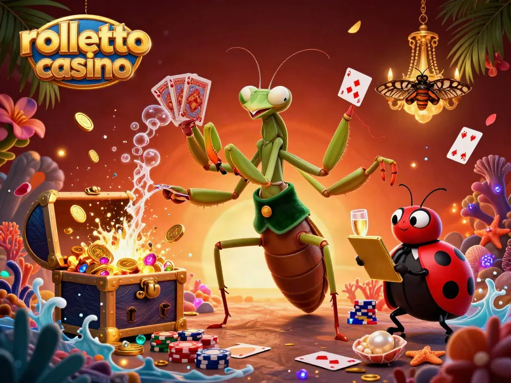 Experience rolletto casino with vibrant characters dealing cards and celebrating wins amidst riches and gaming elements.