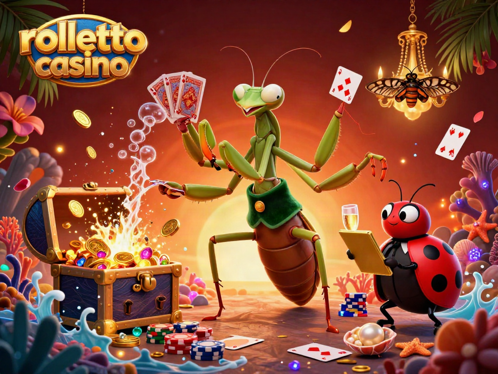 Experience rolletto casino with vibrant characters dealing cards and celebrating wins amidst riches and gaming elements.