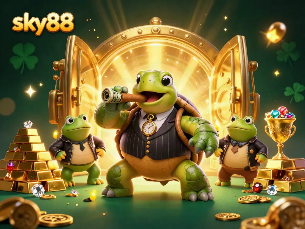 Chomp through riches at sky88 with a snapping turtle and bullfrog enforcers amidst golden treasures.
