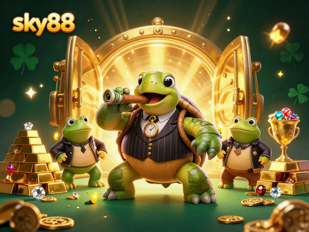 Chomp through riches at sky88 with a snapping turtle and bullfrog enforcers amidst golden treasures.
