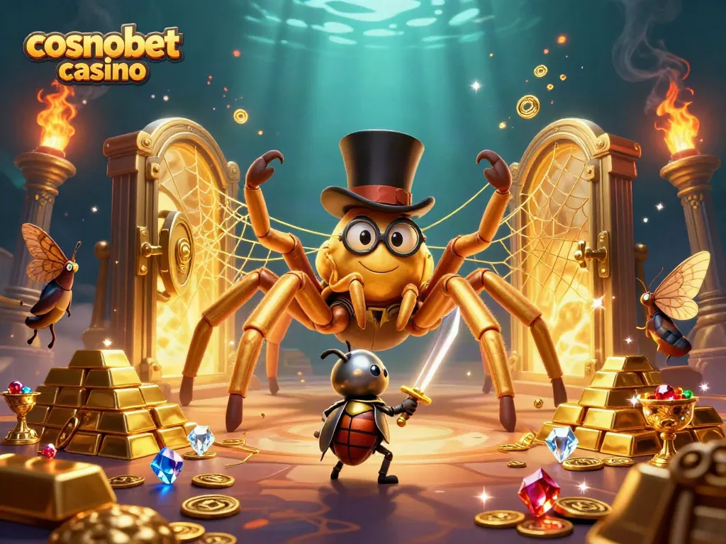 Engage with cosmobet casino's vibrant game world featuring a golden tarantula, in an adventurous setting.
