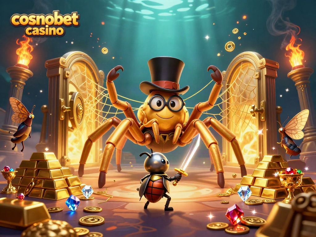 Engage with cosmobet casino's vibrant game world featuring a golden tarantula, in an adventurous setting.