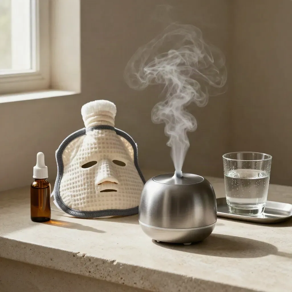 Dry eye care items on a stone counter with steam from a humidifier and a compress mask