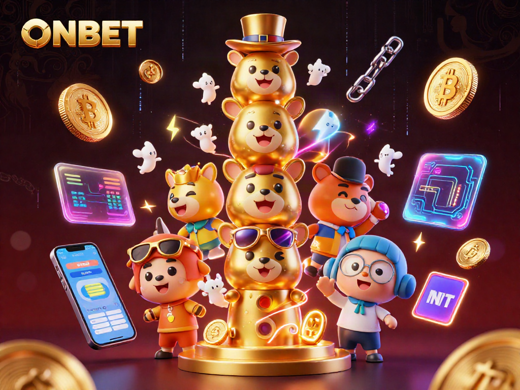 Engage with ONBET's dynamic casino scene featuring vibrant 3D elements and crypto designs.