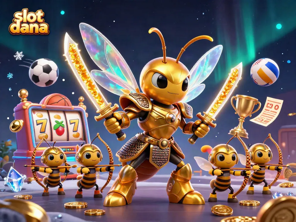 Experience excitement with slot dana featuring a golden hornet samurai amidst shimmering game elements and vibrant casino atmosphere.