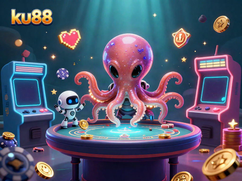 Experience the excitement at ku88 with a vibrant scene of a cartoon alien octopus running a poker table.