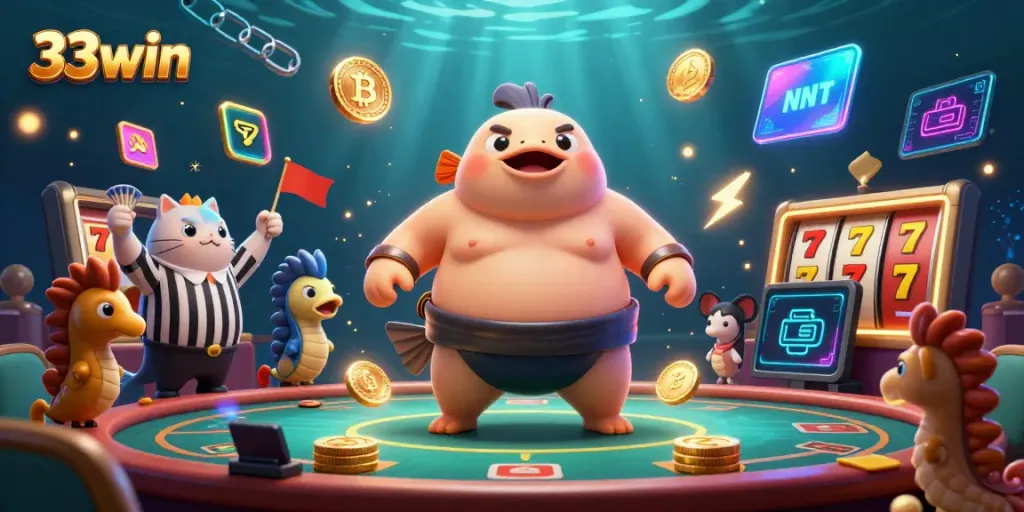 Experience the excitement of 33win with vibrant underwater gambling action featuring a fugu and catfish referee.