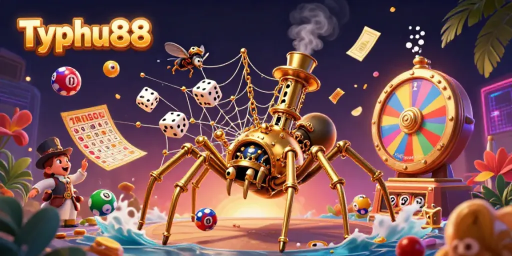 Engage in thrilling gameplay at Typhu88, featuring vibrant lottery elements and a captivating spider web.