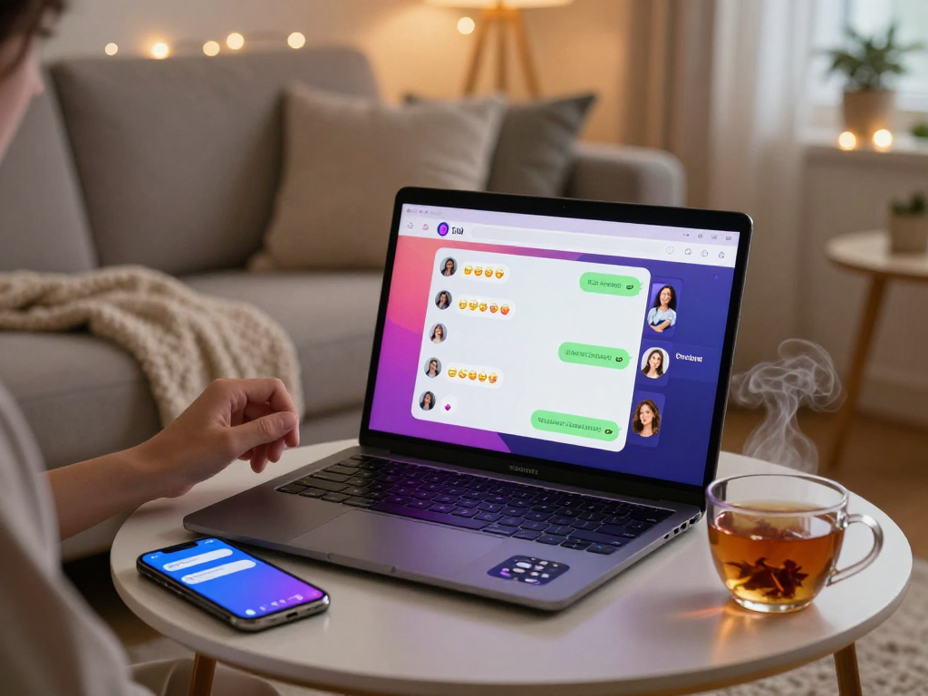Dynamic scene of user enjoying ai sex chat on laptop with cozy atmosphere