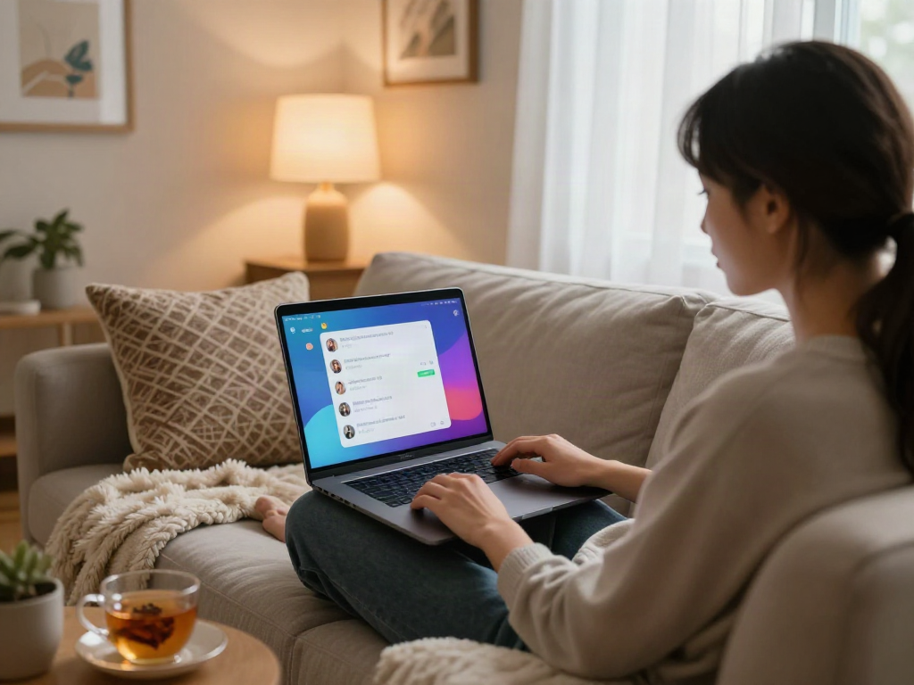 A cozy setting featuring a person engaged in an ai sex chat, showcasing a warm ambiance and inviting atmosphere.
