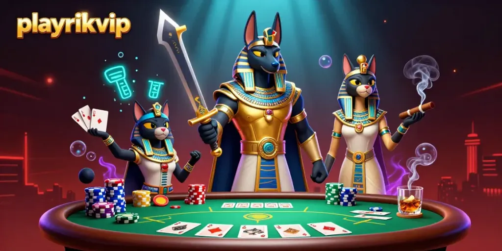 Playrikvip offers thrilling poker action, featuring a vibrant scene with Anubis and Bastet.