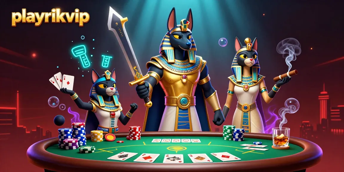 Playrikvip offers thrilling poker action, featuring a vibrant scene with Anubis and Bastet.