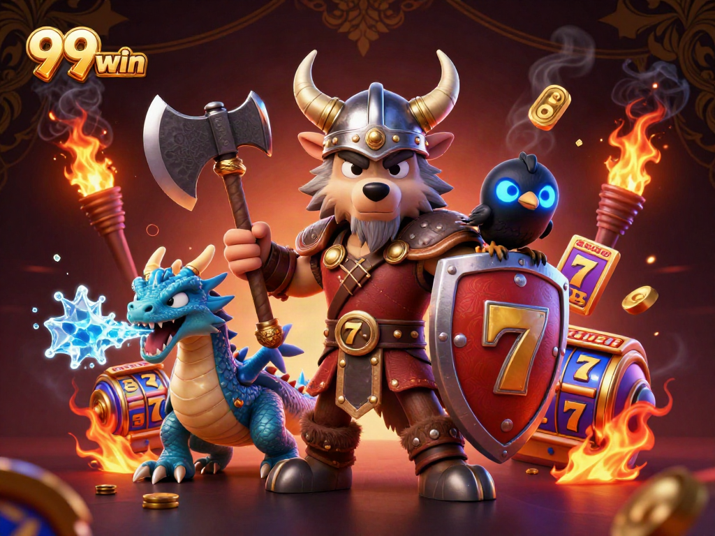 Experience thrilling gameplay with 99win as the Viking wolf warrior defends the jackpot in a vibrant casino scene.