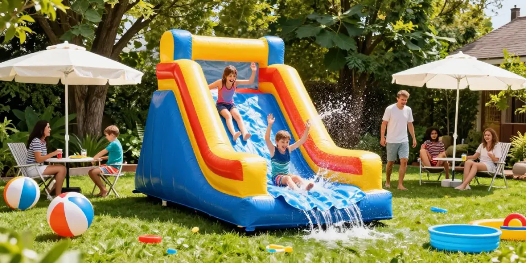 Kids joyfully slide in the water down an inflatable water slide in a sunny backyard.