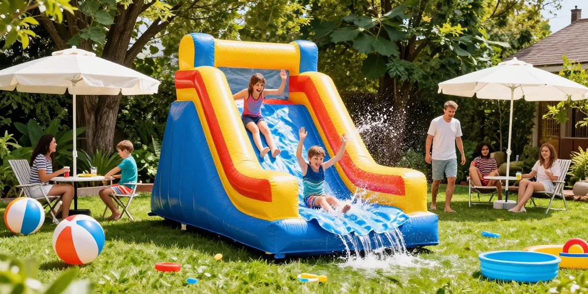 Kids joyfully slide in the water down an inflatable water slide in a sunny backyard.