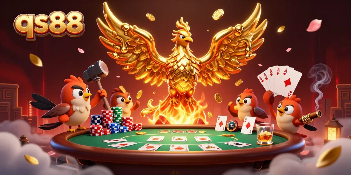 qs88 gaming phoenix surrounded by poker elements, draped in gold coins and vibrant colors
