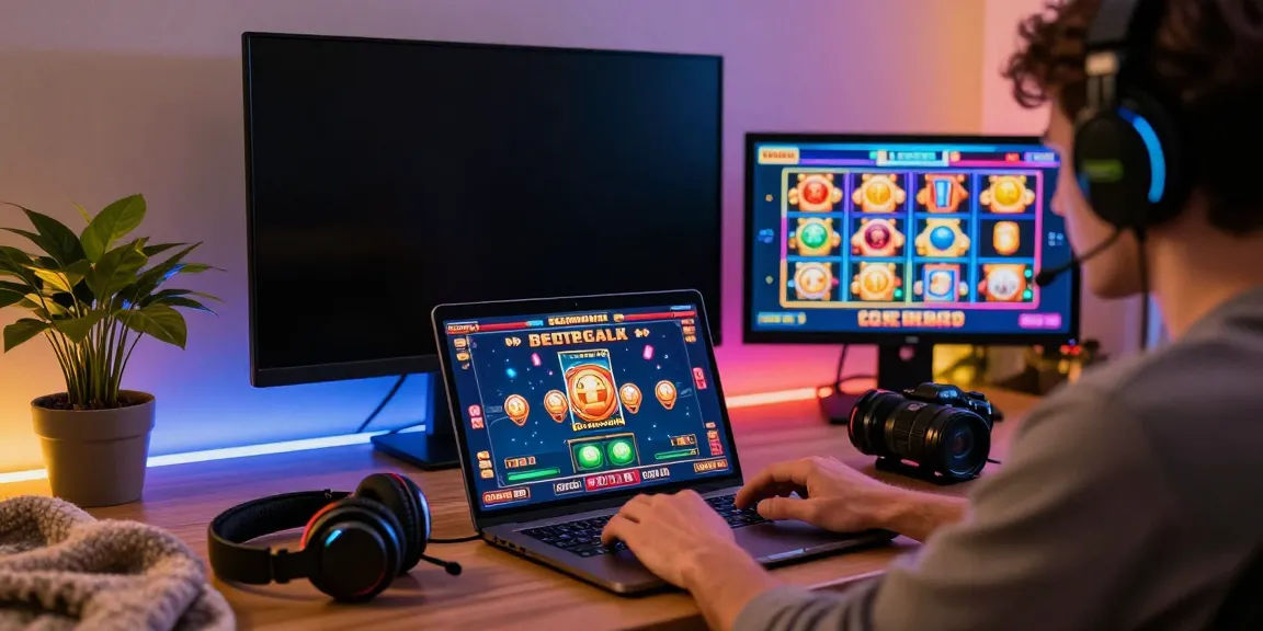 Player enjoying online credit card casinos on a laptop, surrounded by gaming accessories and vibrant decor.