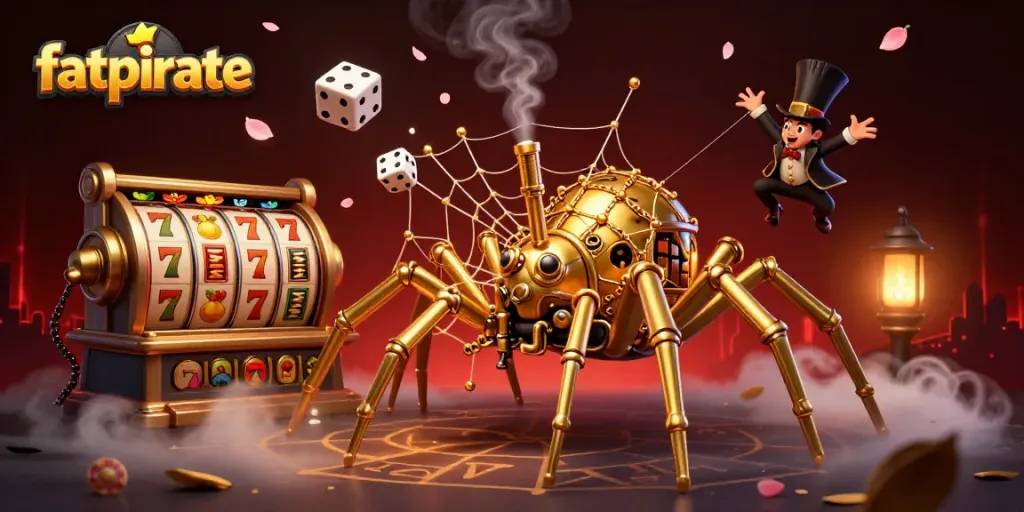 Engage with fatpirate in this vibrant online casino scene filled with slot reels, lucky symbols, and dynamic game elements.