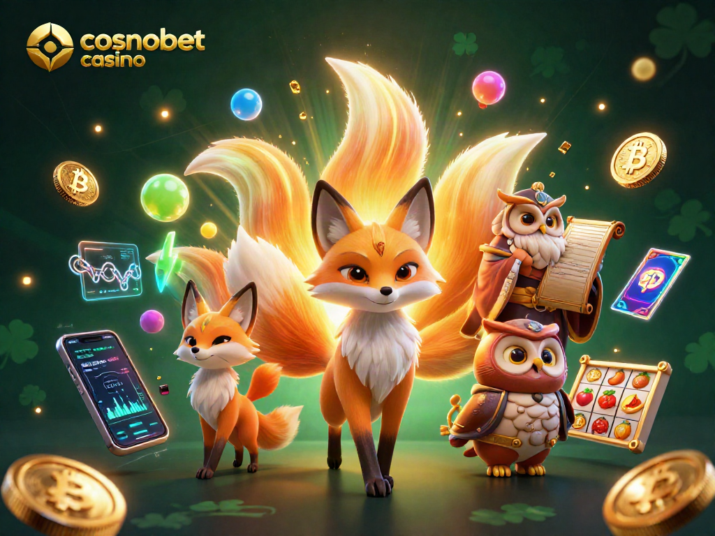 Experience the excitement of cosmobet casino with a vibrant scene featuring glowing characters and dynamic gaming elements.