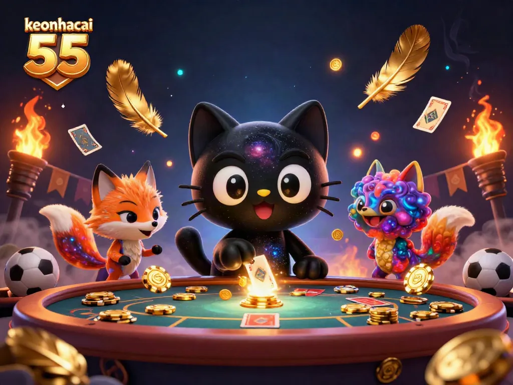 Experience exhilarating action with keonhacai 55 as the cosmic cat pulls in golden betting tokens at the lively casino table.