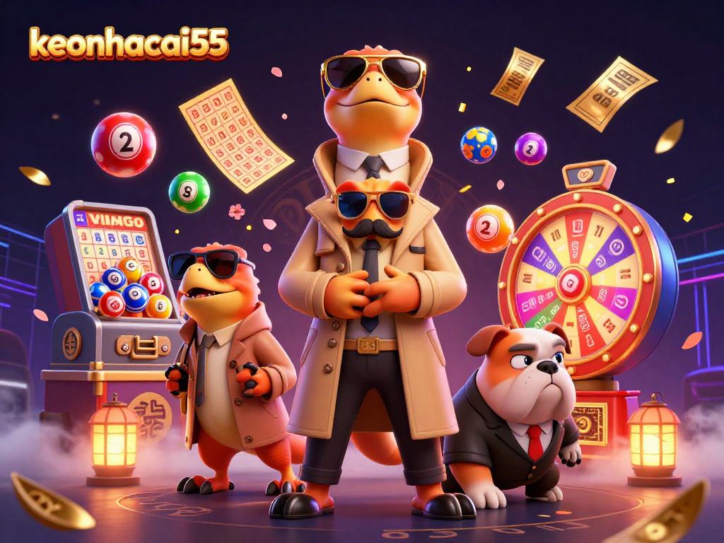 Experience the thrilling VIP entrance of keonhacai55 with lively raptors and vibrant lottery elements.