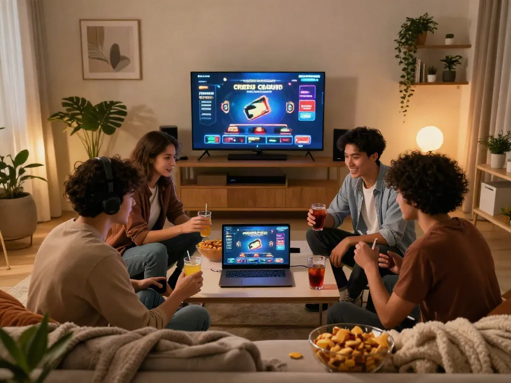 Friends enjoying a gaming session at home with credit card casinos uk theme.