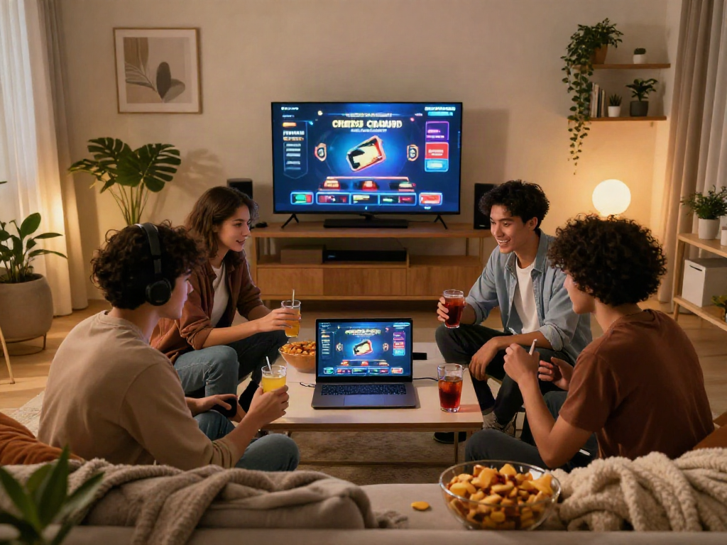Friends enjoying a gaming session at home with credit card casinos uk theme.