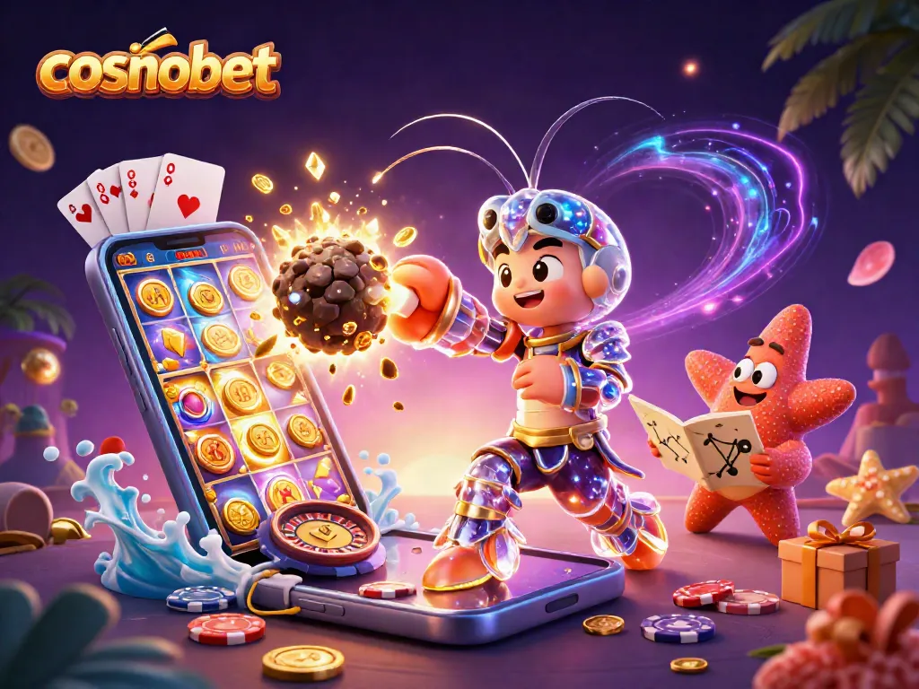 Engage in thrilling gameplay at Cosmobet with an explosive casino scene featuring vibrant slots and gaming elements.