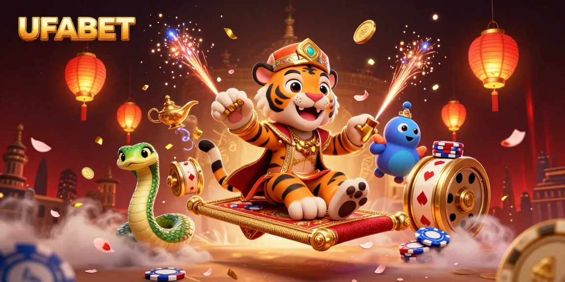 Experience vibrant action and excitement at UFABET with a dynamic scene featuring a sultan, genie, and casino elements.