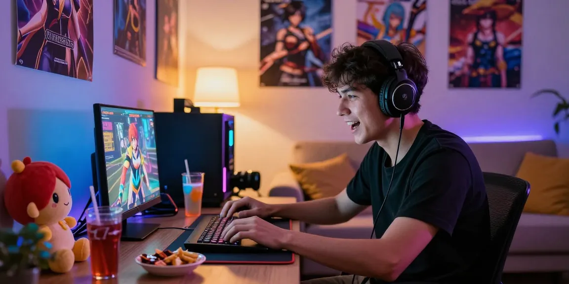 Engrossed young adult male playing a hentai game with vibrant atmosphere.