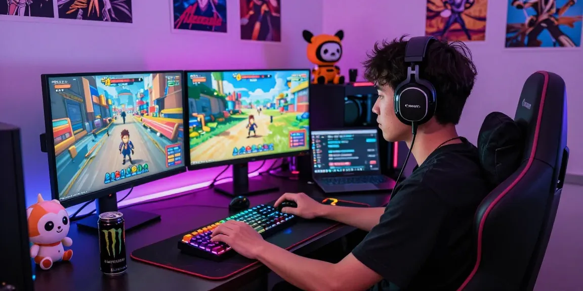 Engaging gamer enjoying an ecchi game with colorful visuals and gaming setup.