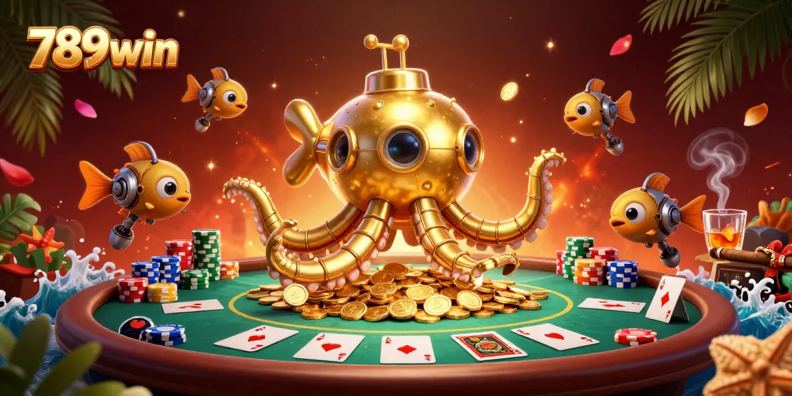 Experience thrilling bets at 789win, where a golden kraken submarine rises amidst a poker scene.