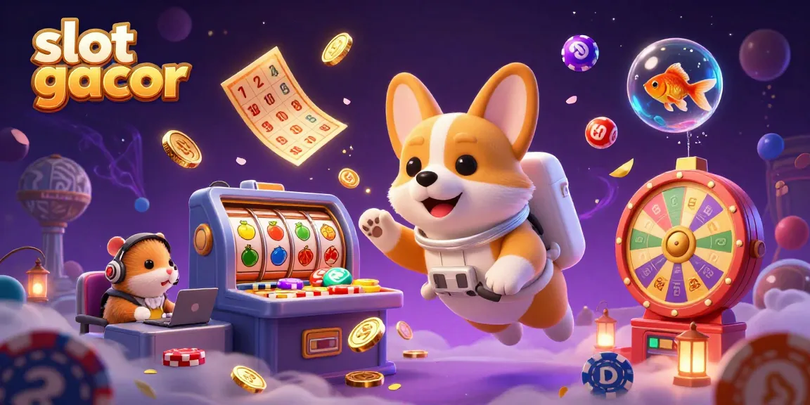 Experience the adventure of slot gacor with a 3D cartoon astronaut corgi in a space casino surrounded by floating slot reels and colorful tokens.