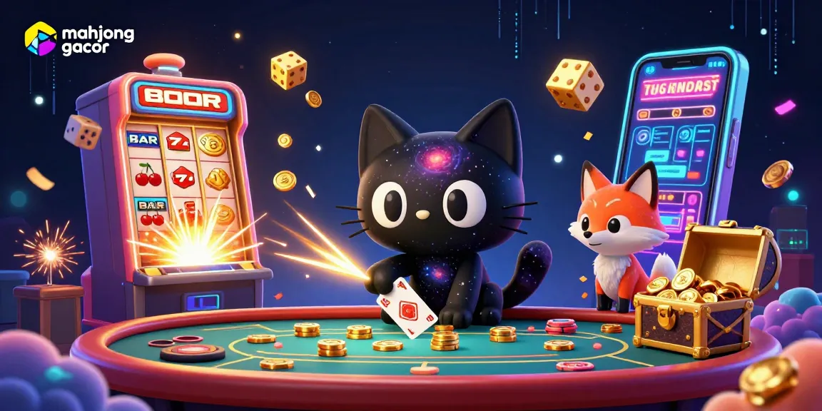 Experience the excitement of mahjong gacor as animated characters engage in a vibrant cosmic casino scene.