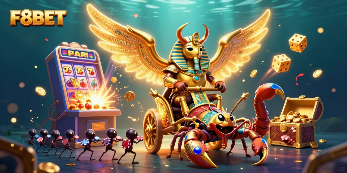 Experience F8BET's thrilling casino world with golden scarab, vibrant slot games, and action-packed elements.